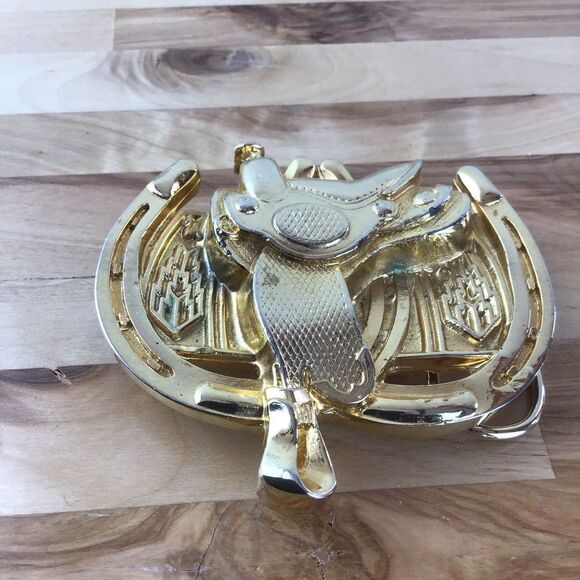 Vintage Saddle Buckle Belt Rodeo SW Gold Equestrian Horses - Picture 2 of 16